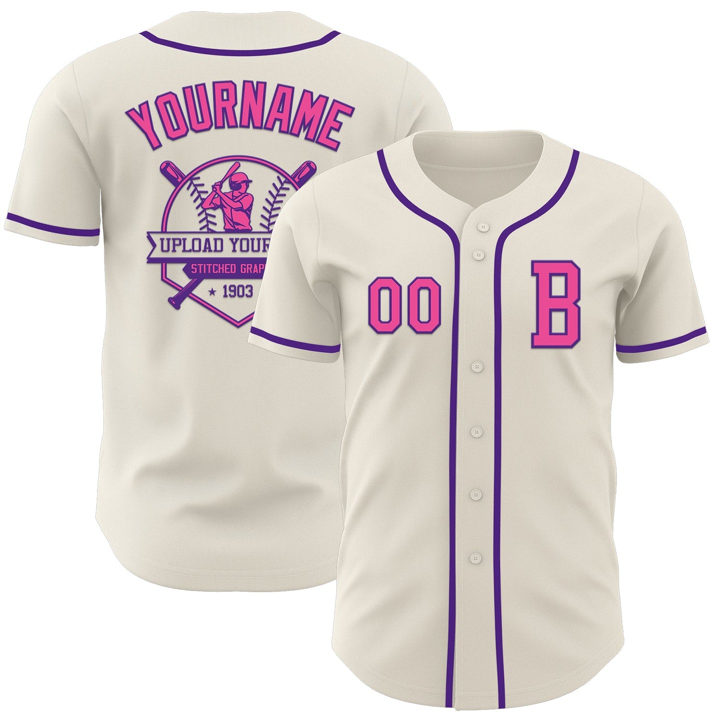Custom Cream Pink-Purple Authentic Baseball Jersey view 5