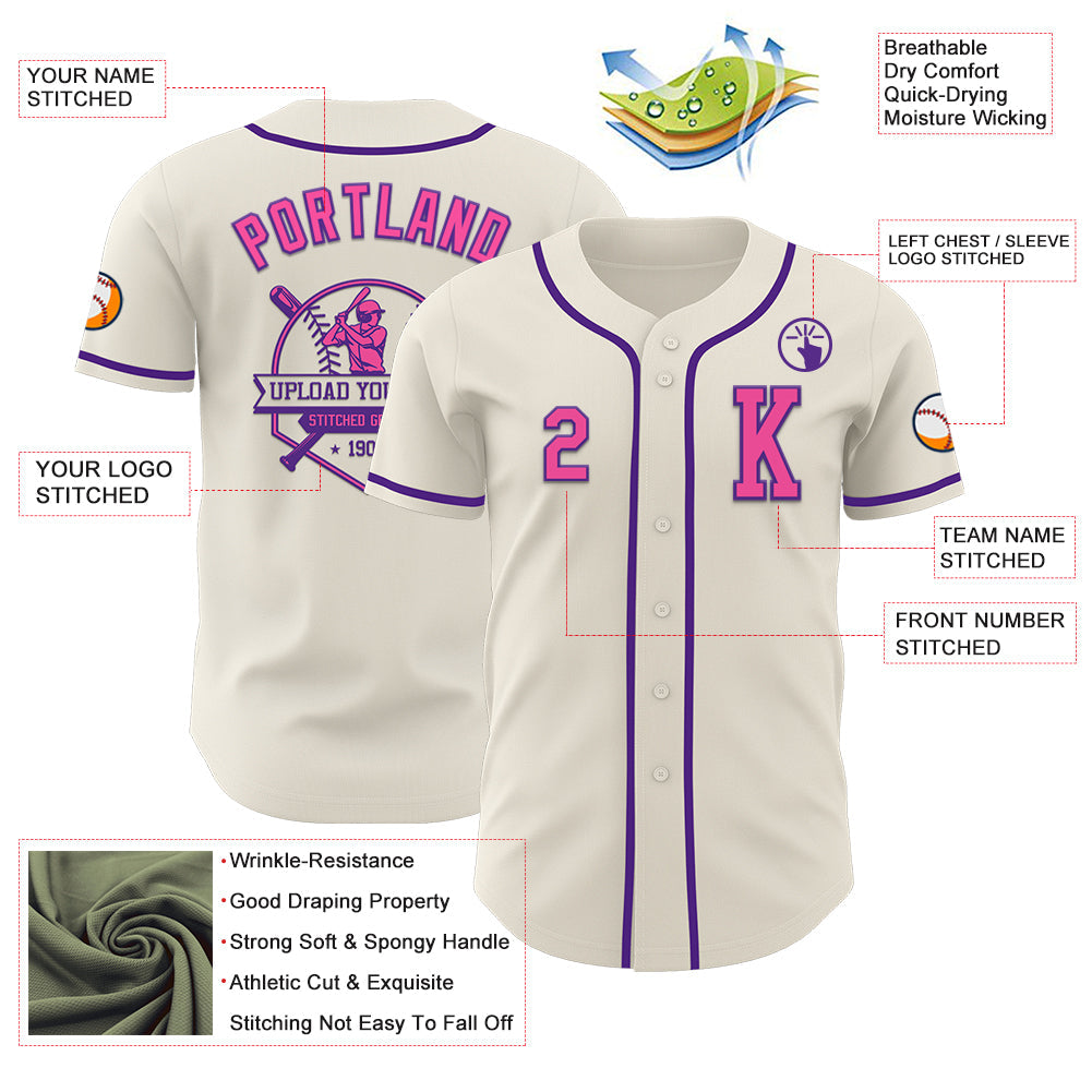 Custom Cream Pink-Purple Authentic Baseball Jersey view 6