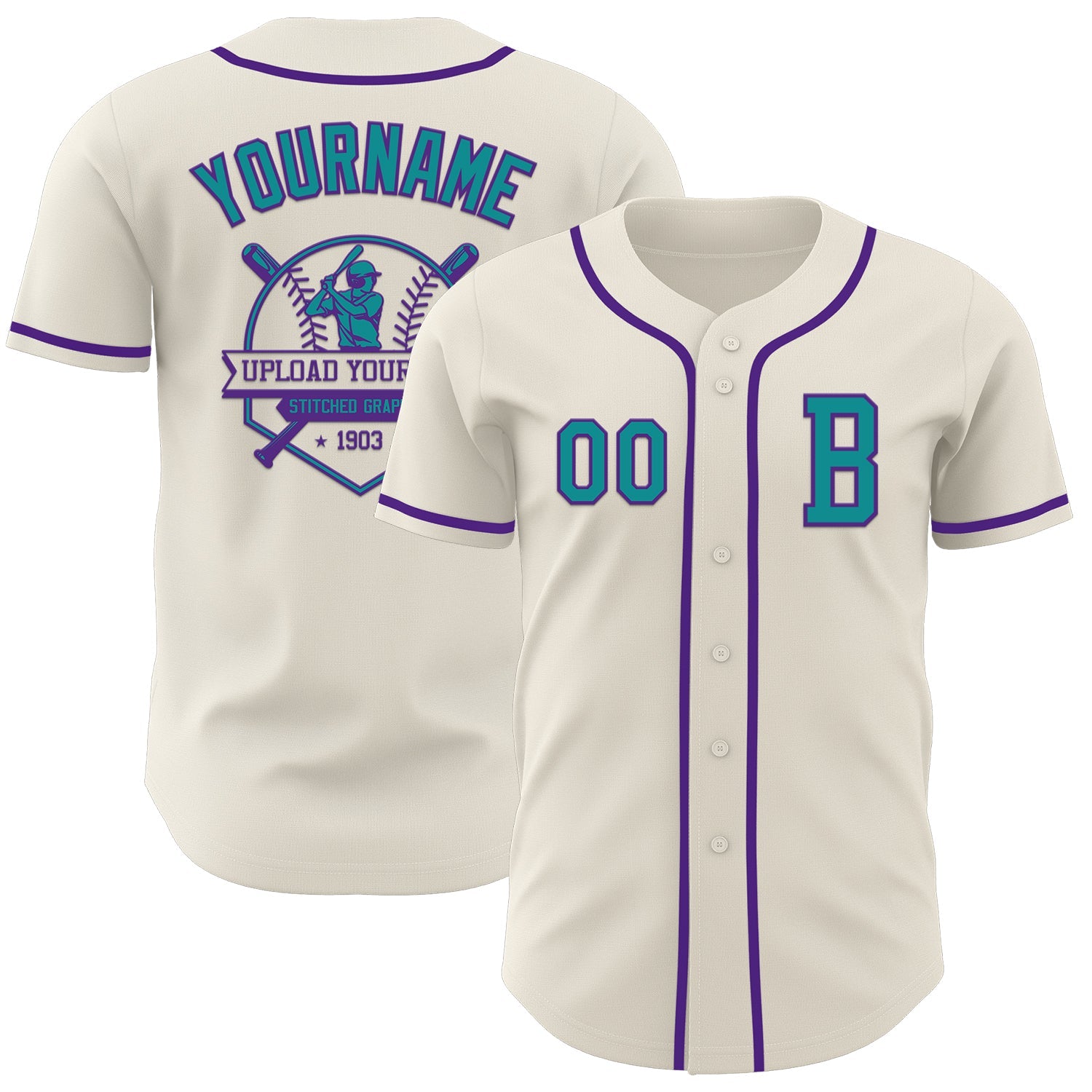 Custom Cream Teal-Purple Authentic Baseball Jersey view 5