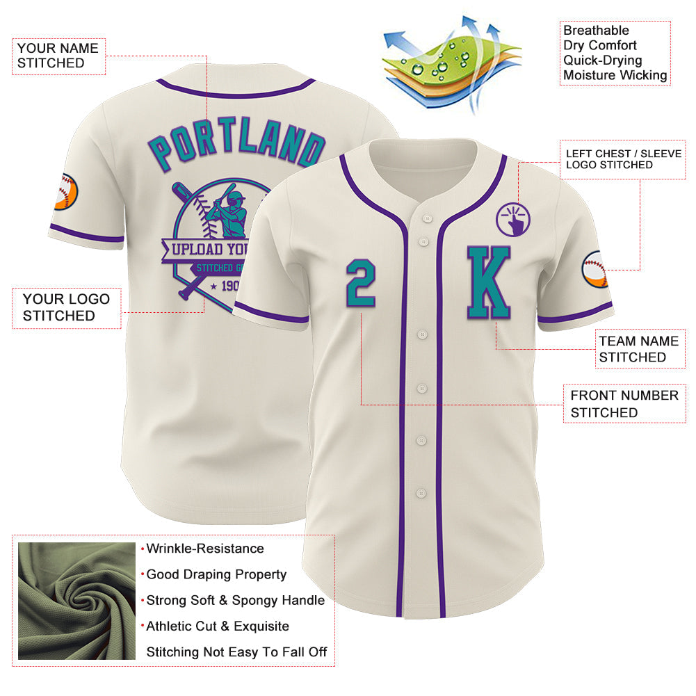 Custom Cream Teal-Purple Authentic Baseball Jersey view 6