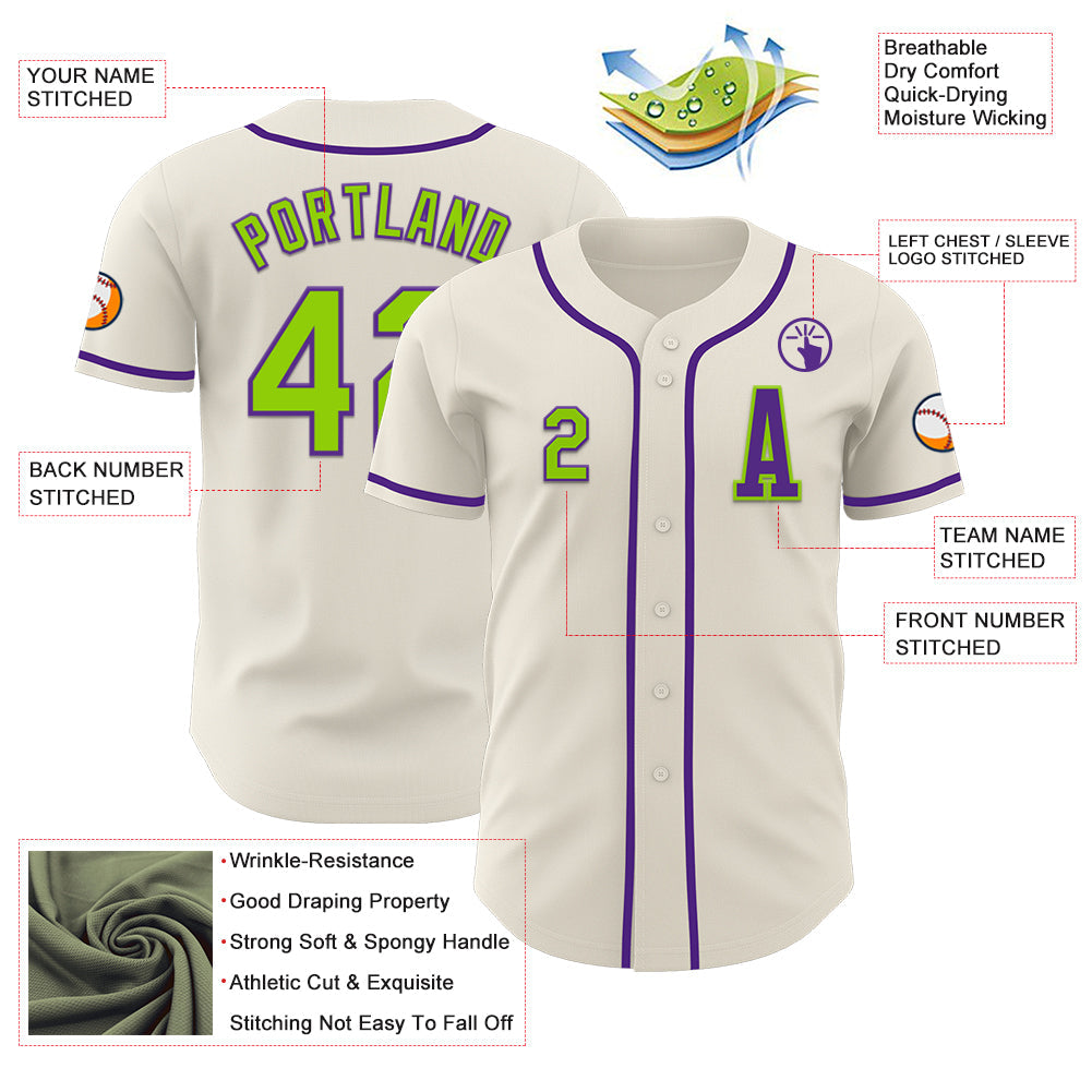 Custom Cream Neon Green-Purple Authentic Baseball Jersey view 2