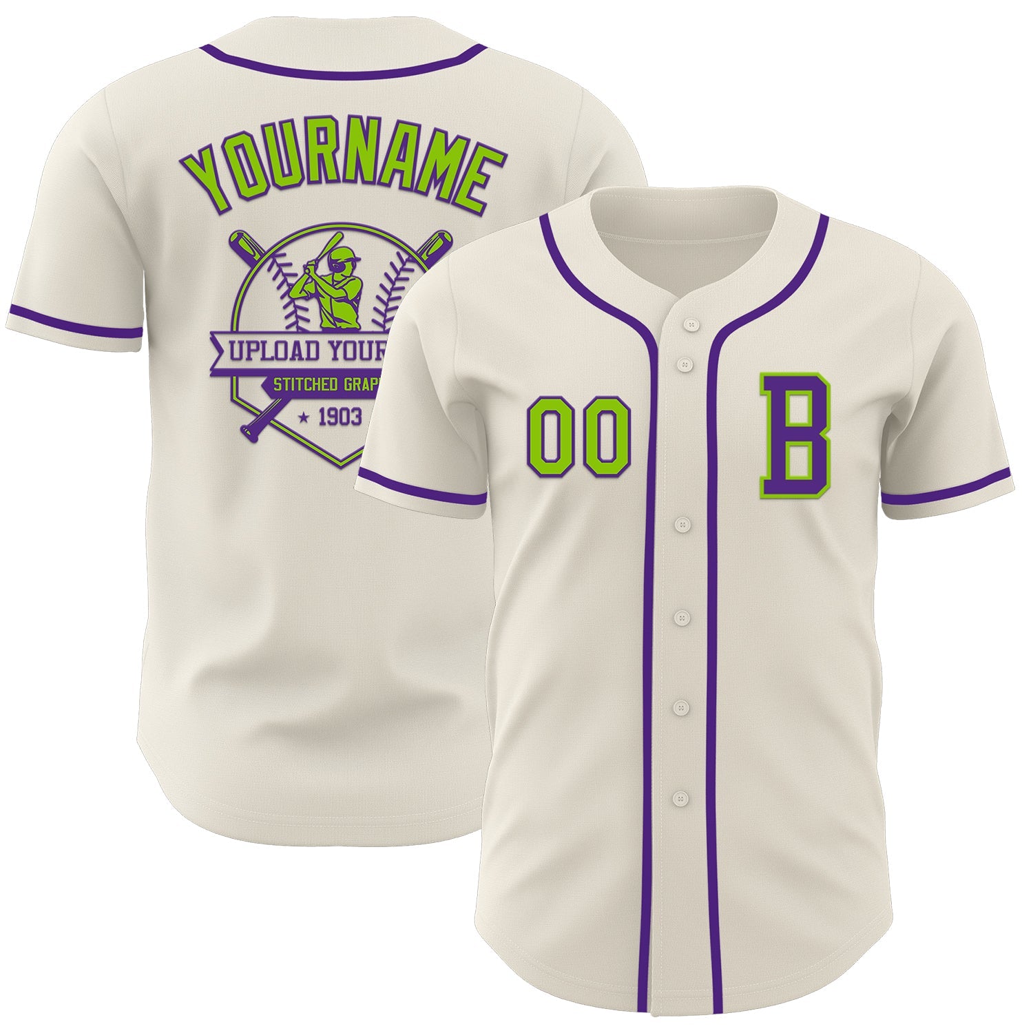 Custom Cream Neon Green-Purple Authentic Baseball Jersey view 5