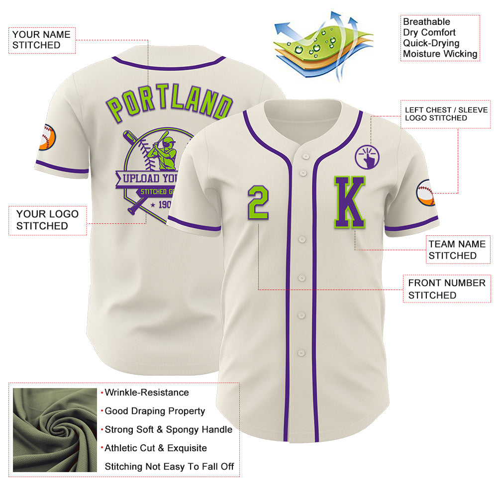 Custom Cream Neon Green-Purple Authentic Baseball Jersey view 6