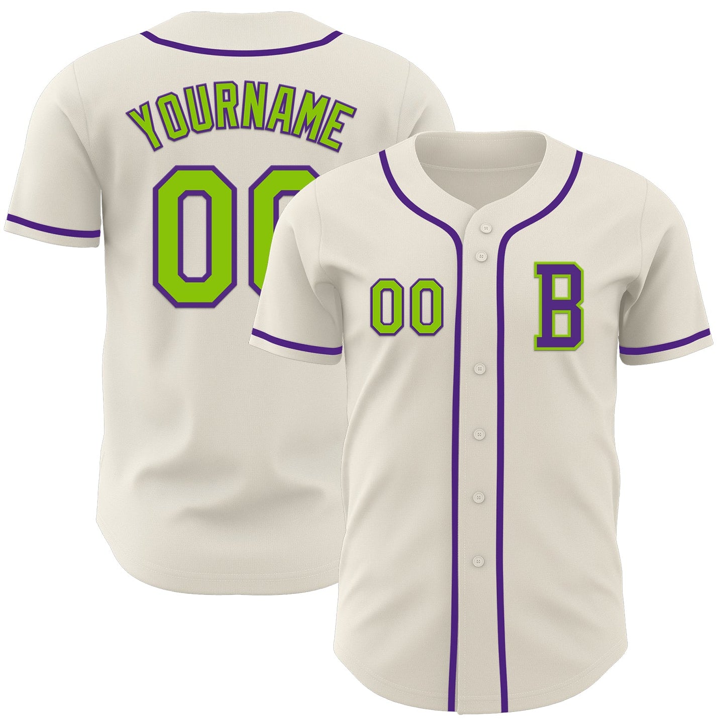 Custom Cream Neon Green-Purple Authentic Baseball Jersey - Main View