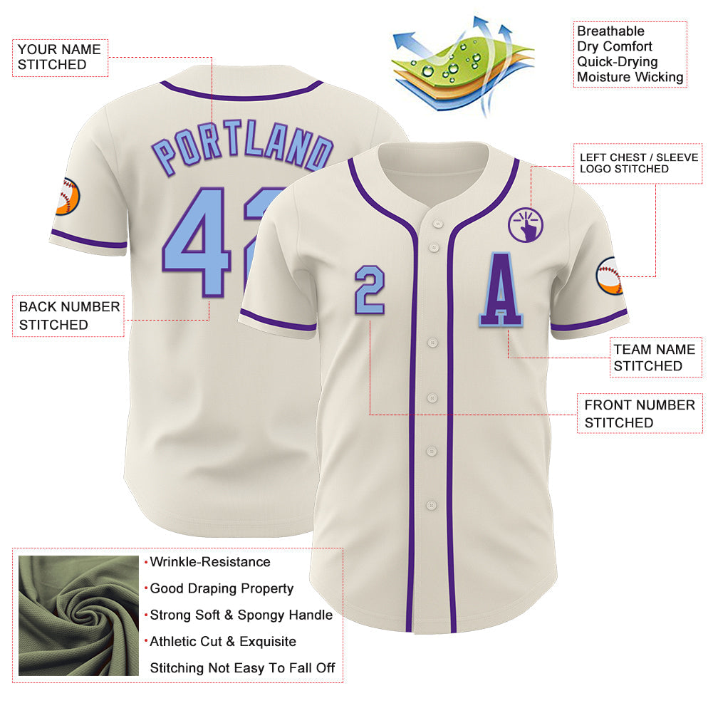 Custom Cream Light Blue-Purple Authentic Baseball Jersey view 2