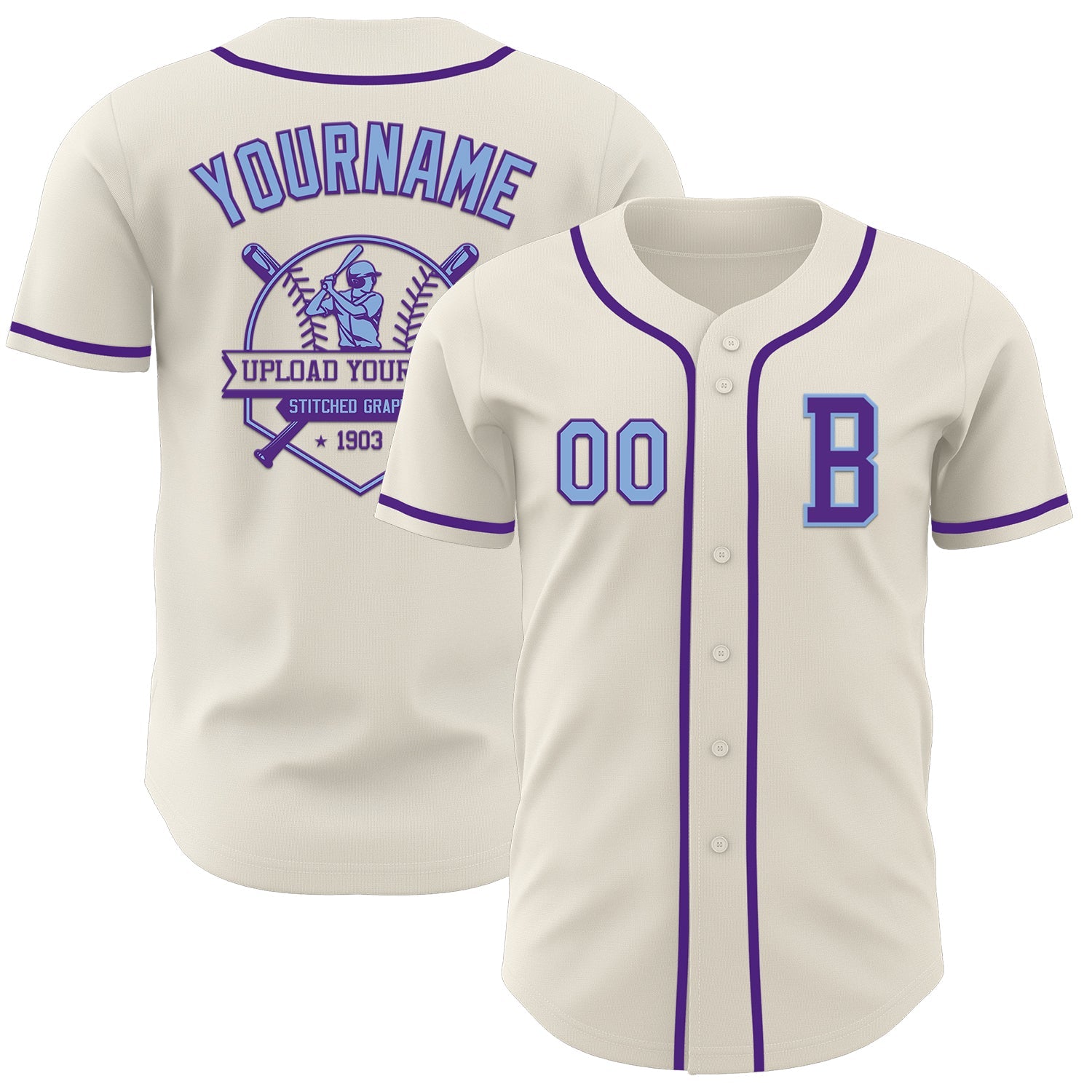 Custom Cream Light Blue-Purple Authentic Baseball Jersey view 5