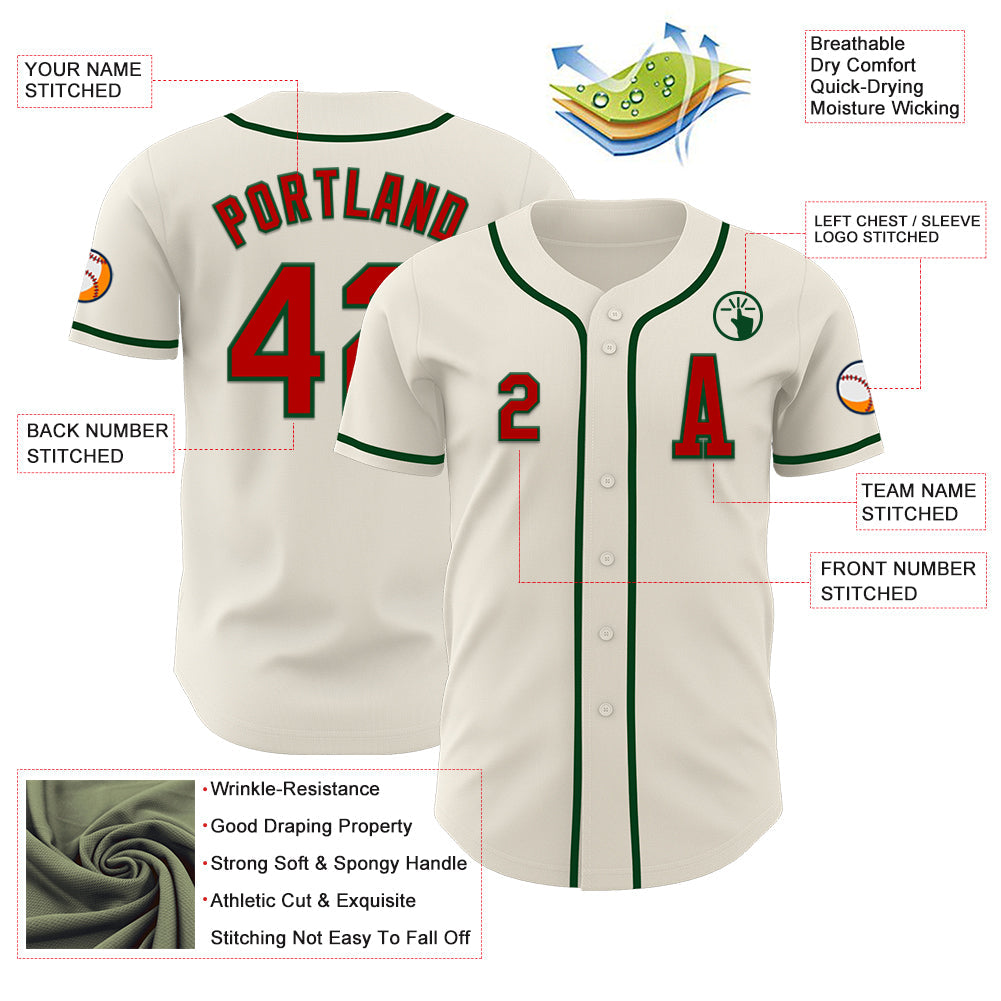 Custom Cream Red-Green Authentic Baseball Jersey view 2