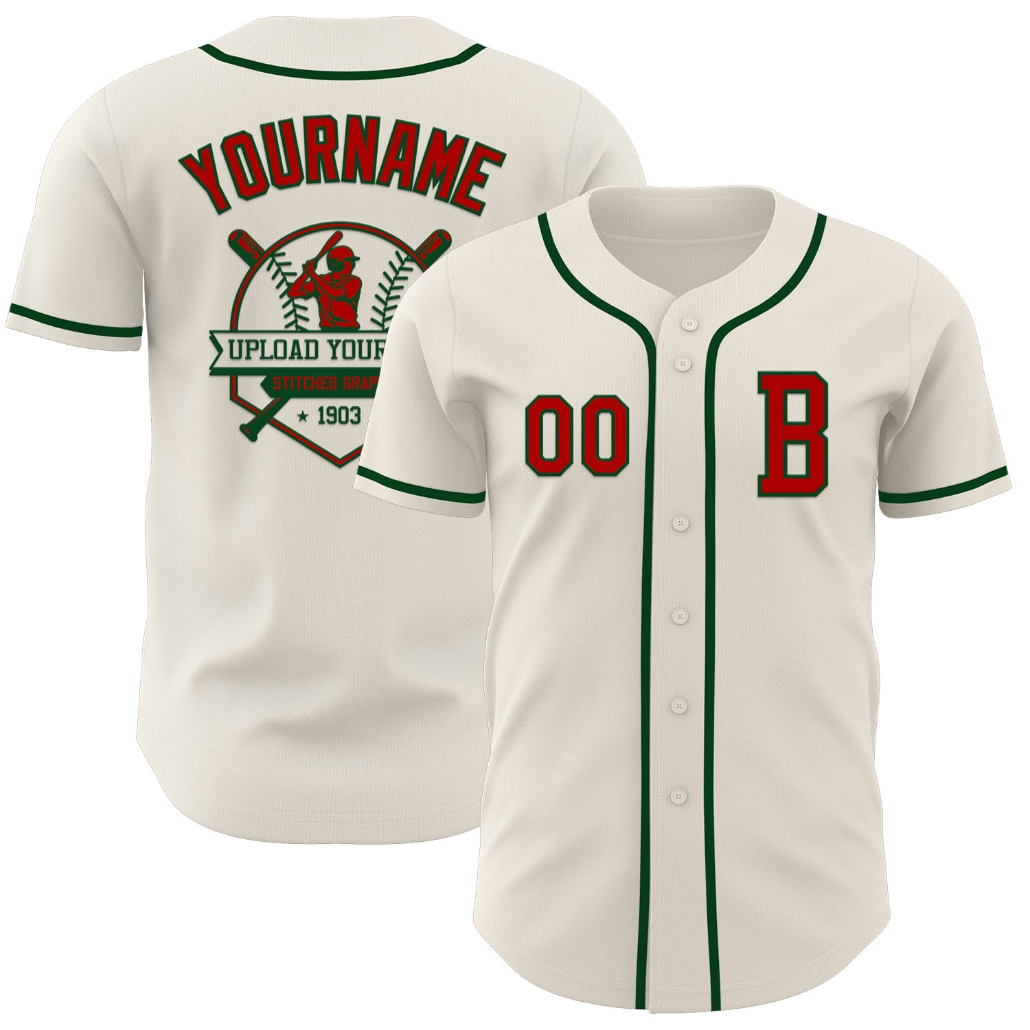 Custom Cream Red-Green Authentic Baseball Jersey view 5