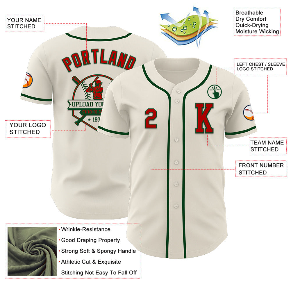 Custom Cream Red-Green Authentic Baseball Jersey view 6