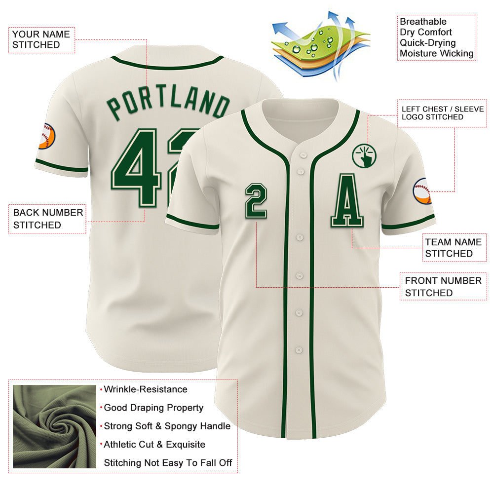 Custom Cream Green Authentic Baseball Jersey view 2