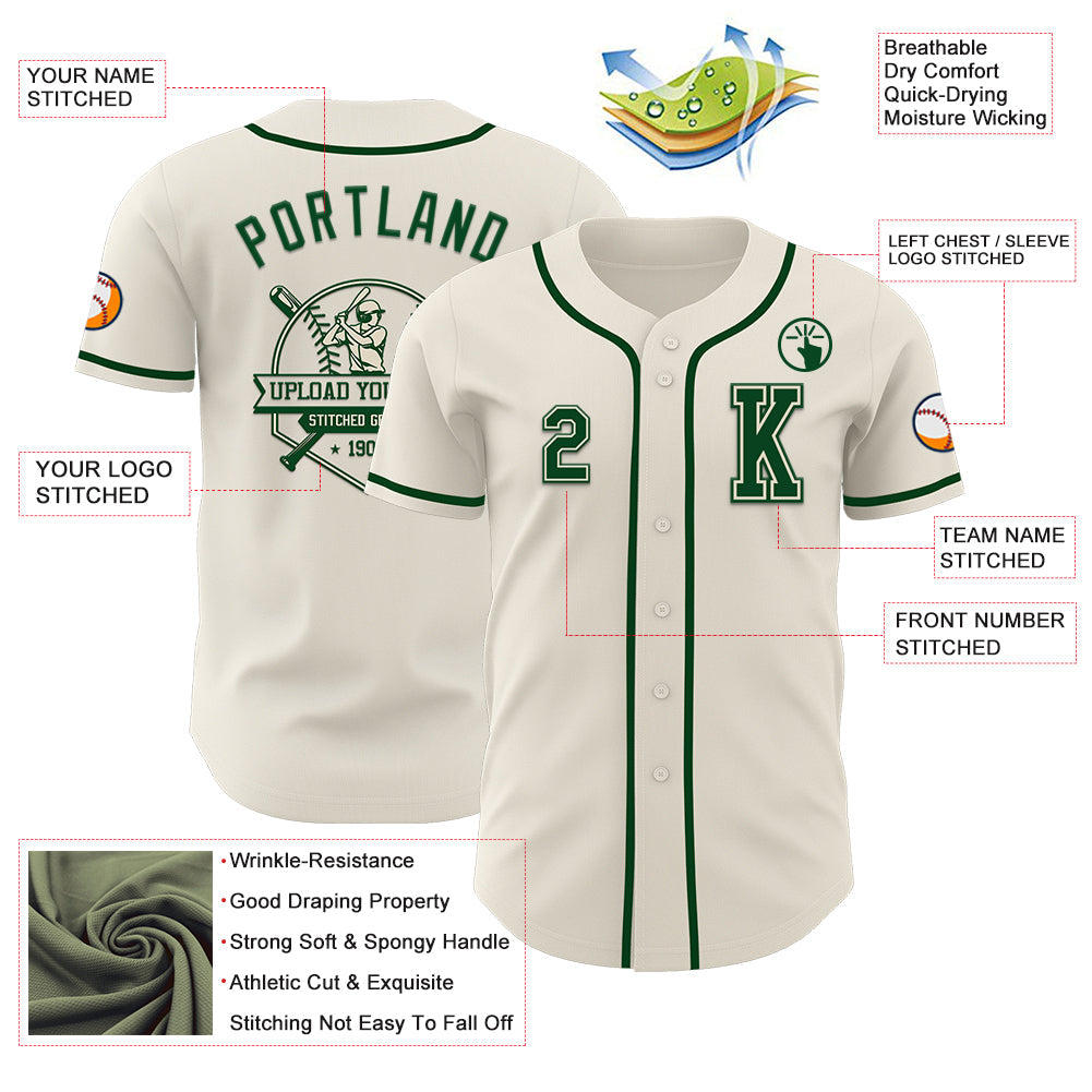 Custom Cream Green Authentic Baseball Jersey view 6