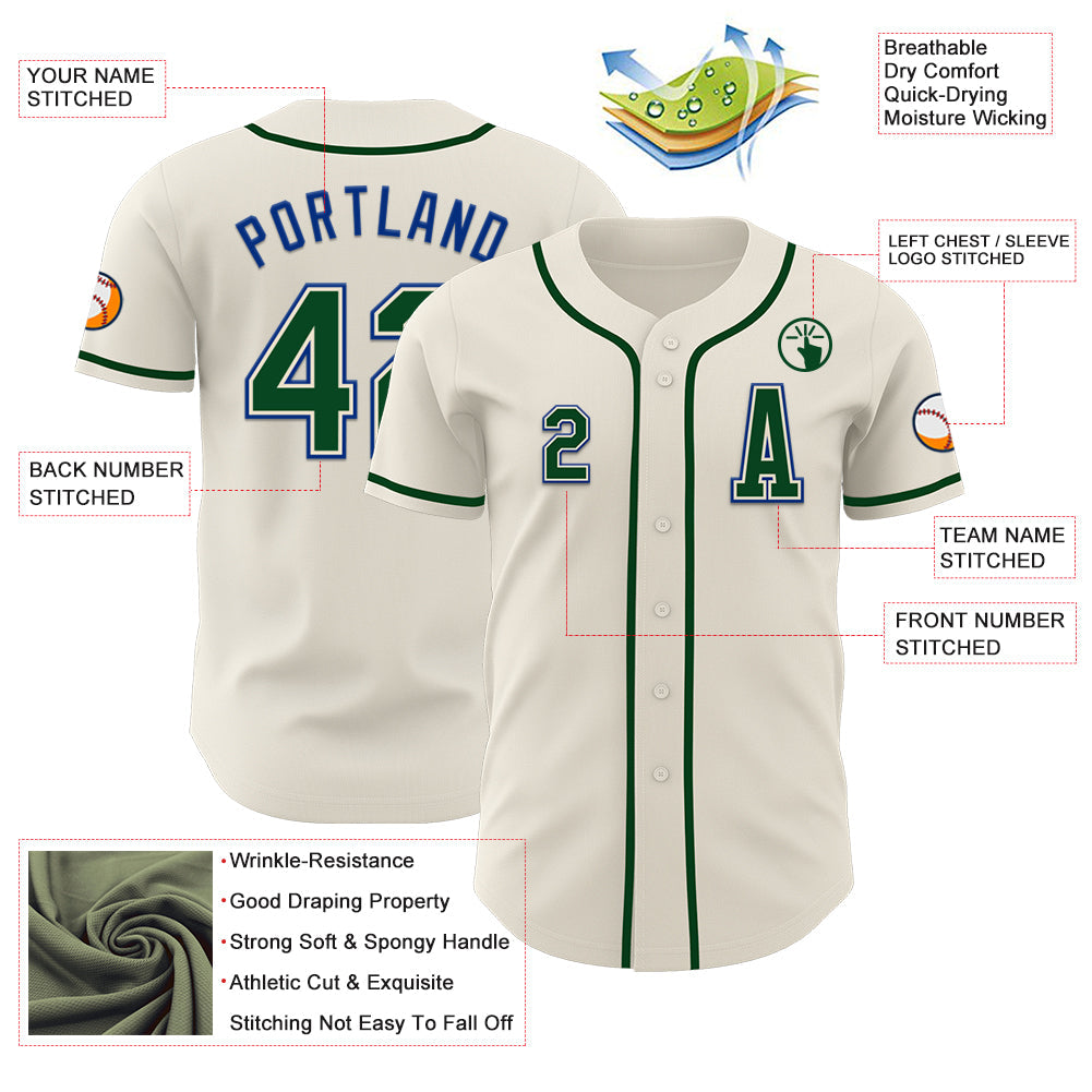 Custom Cream Green-Royal Authentic Baseball Jersey view 2