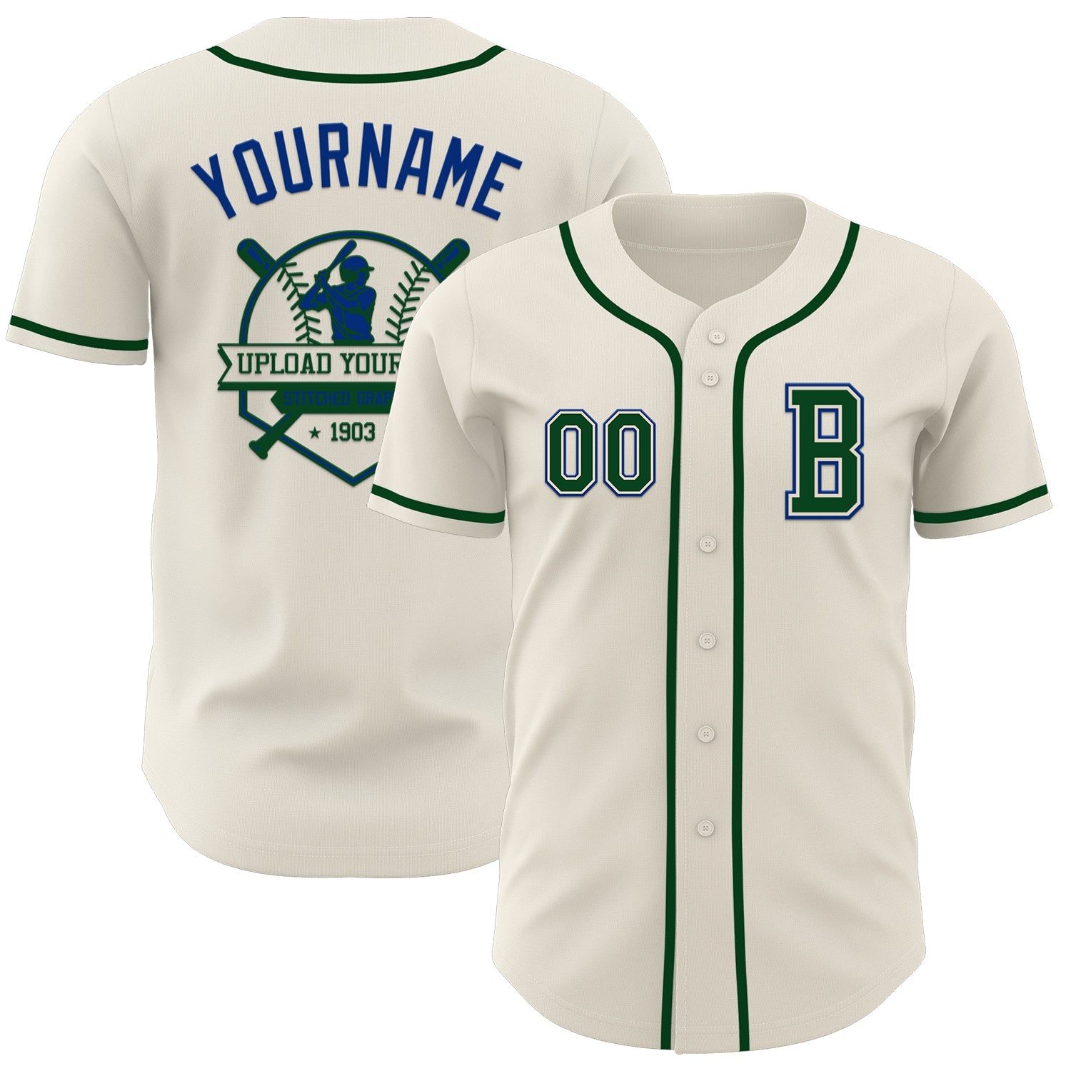 Custom Cream Green-Royal Authentic Baseball Jersey view 5