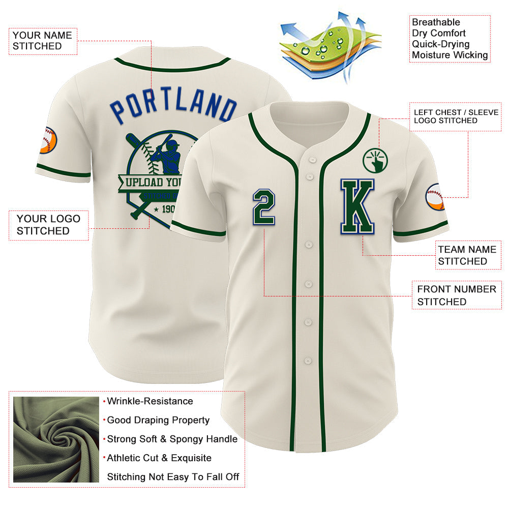 Custom Cream Green-Royal Authentic Baseball Jersey view 6
