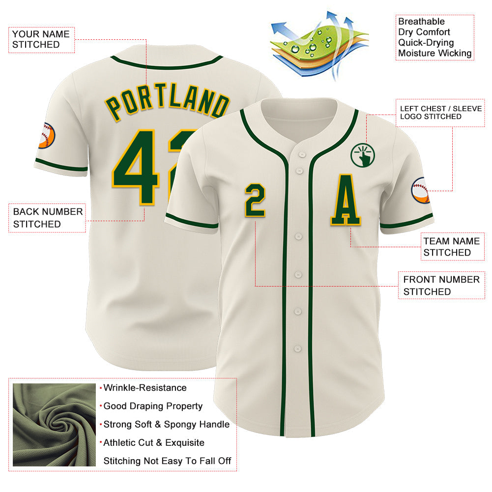 Custom Cream Green-Gold Authentic Baseball Jersey view 2