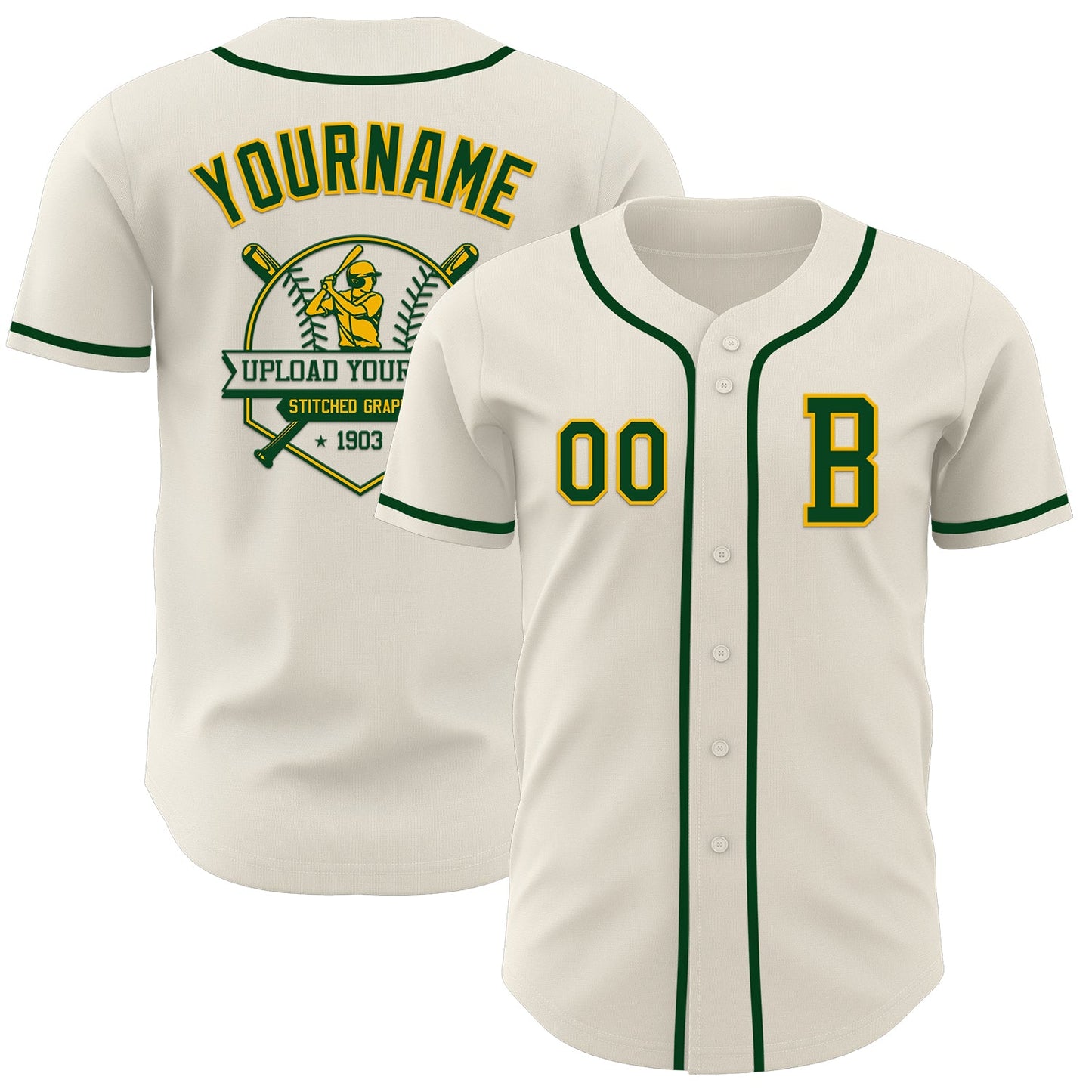 Custom Cream Green-Gold Authentic Baseball Jersey view 5