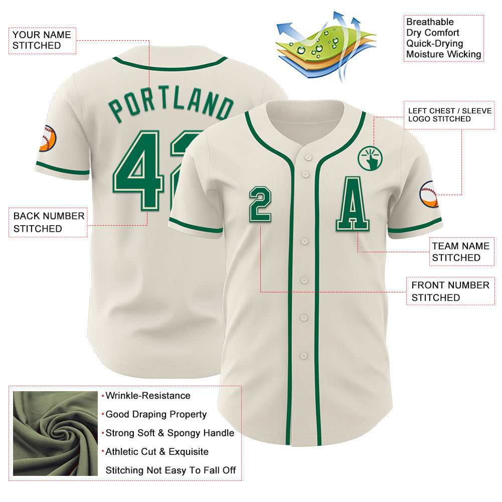 Custom Cream Kelly Green Authentic Baseball Jersey view 2