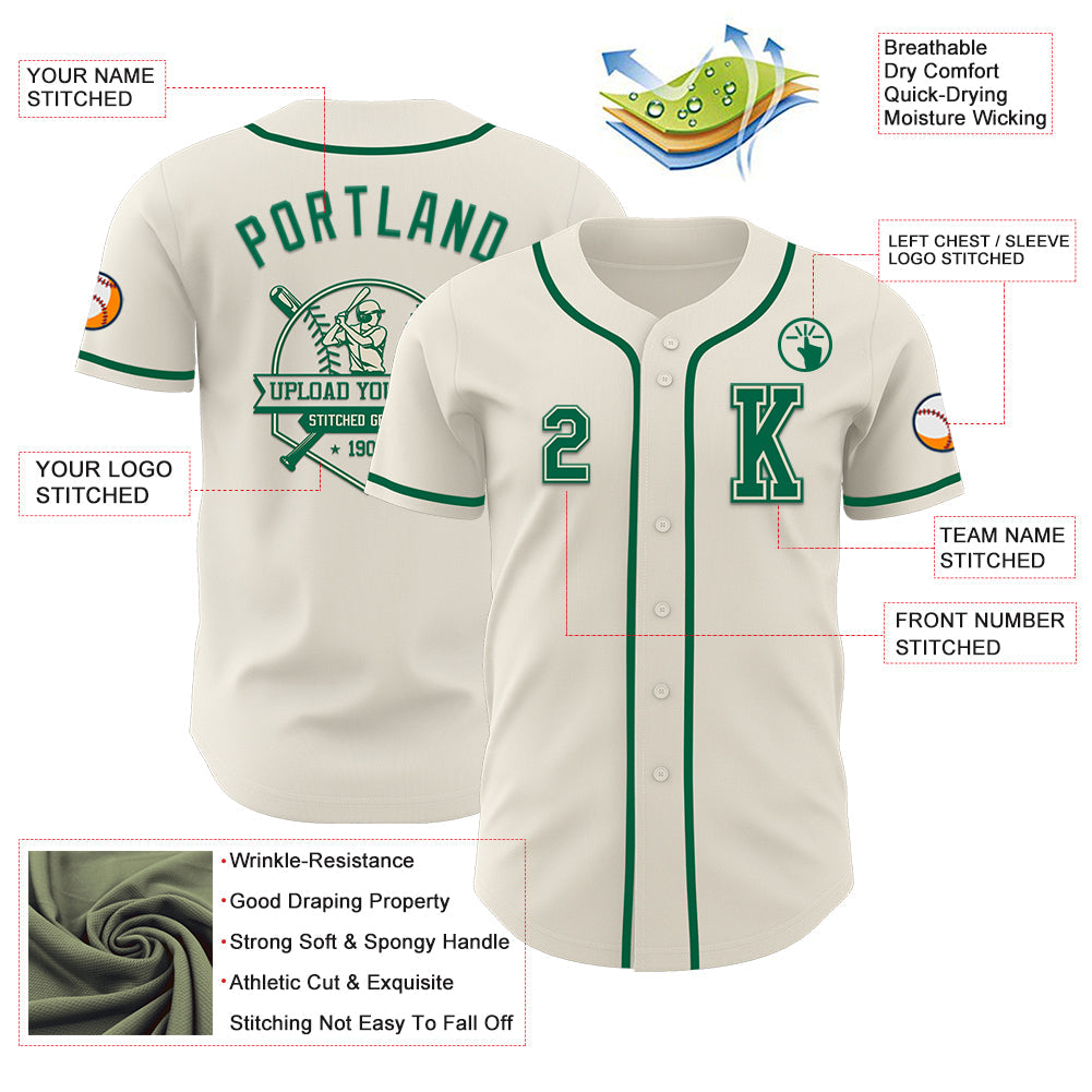 Custom Cream Kelly Green Authentic Baseball Jersey view 6