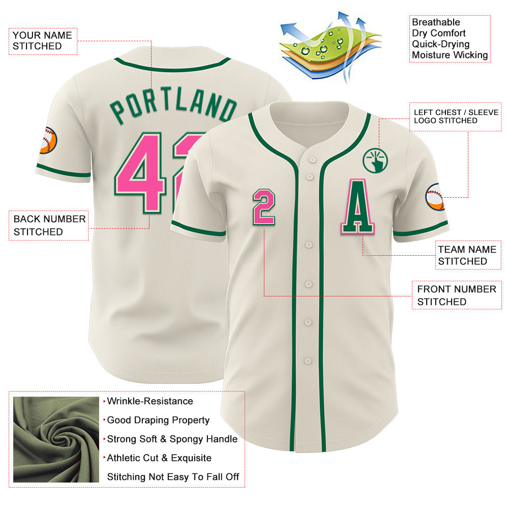 Custom Cream Pink-Kelly Green Authentic Baseball Jersey view 2