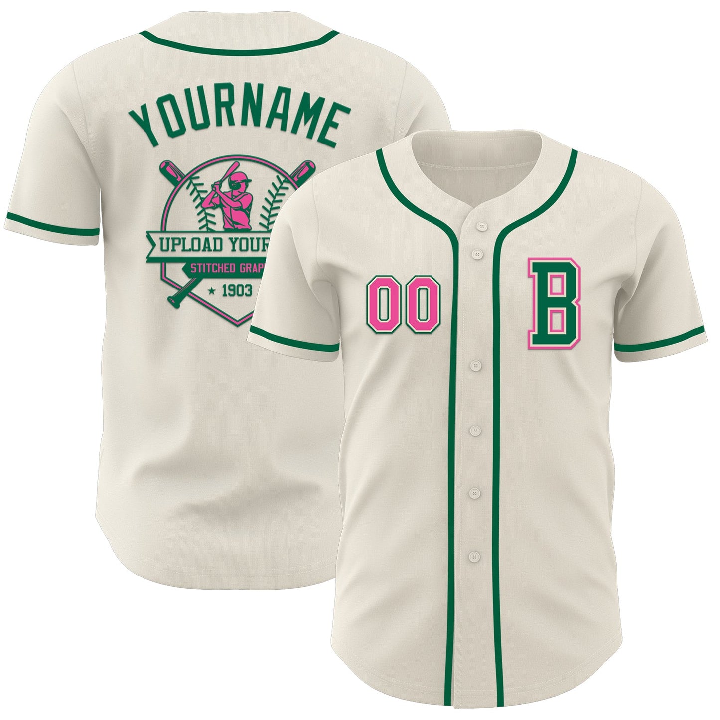 Custom Cream Pink-Kelly Green Authentic Baseball Jersey view 5