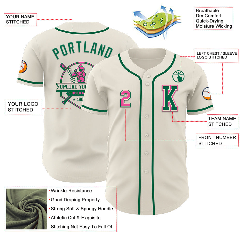Custom Cream Pink-Kelly Green Authentic Baseball Jersey view 6