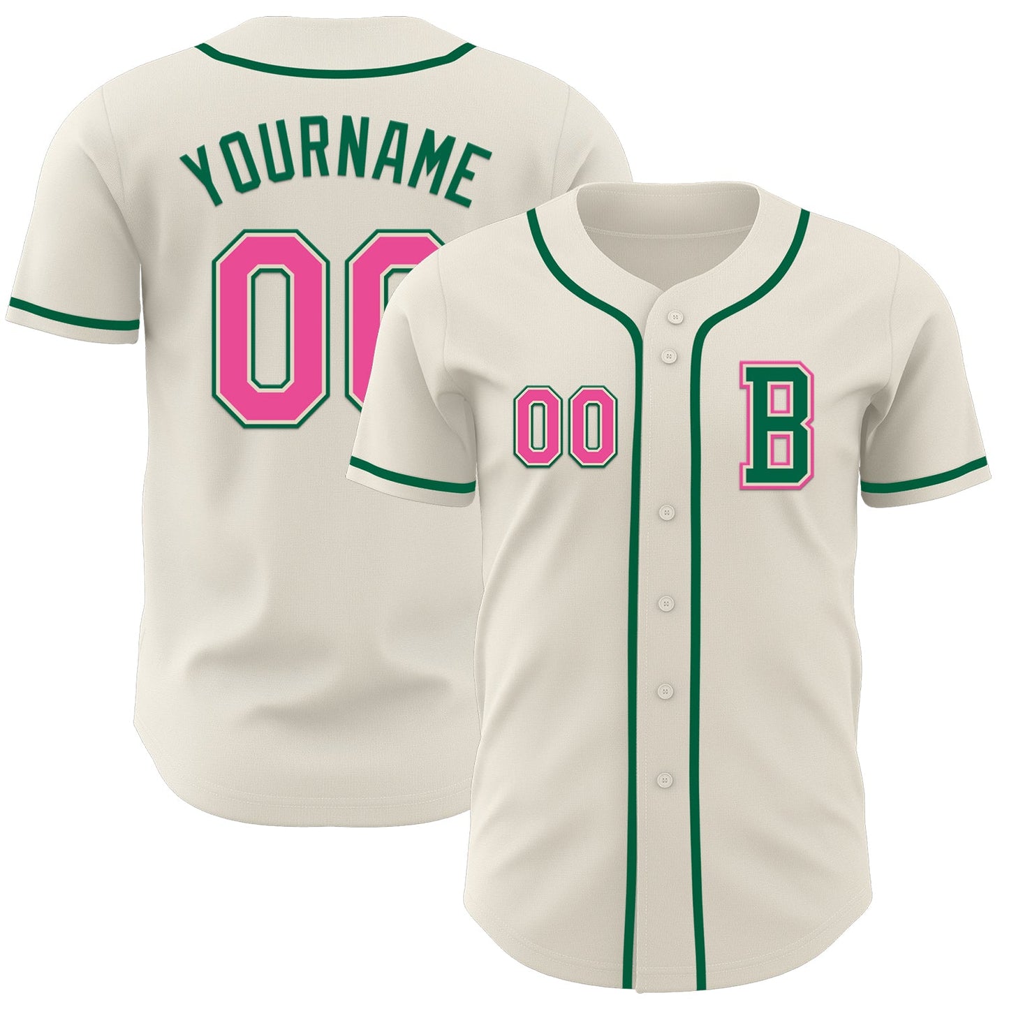 Custom Cream Pink-Kelly Green Authentic Baseball Jersey - Main View