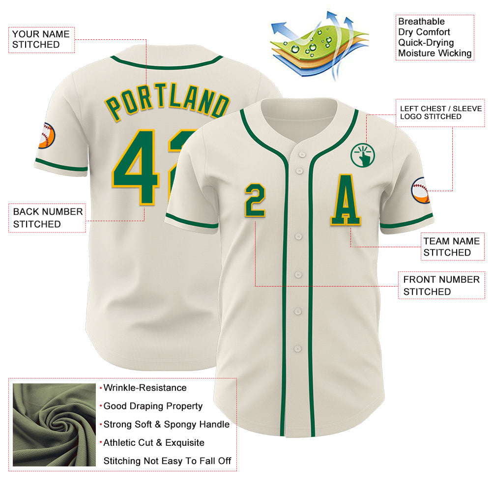 Custom Cream Kelly Green-Gold Authentic Baseball Jersey view 2