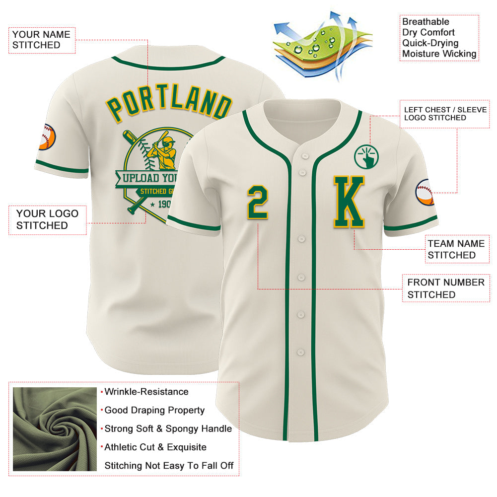 Custom Cream Kelly Green-Gold Authentic Baseball Jersey view 6