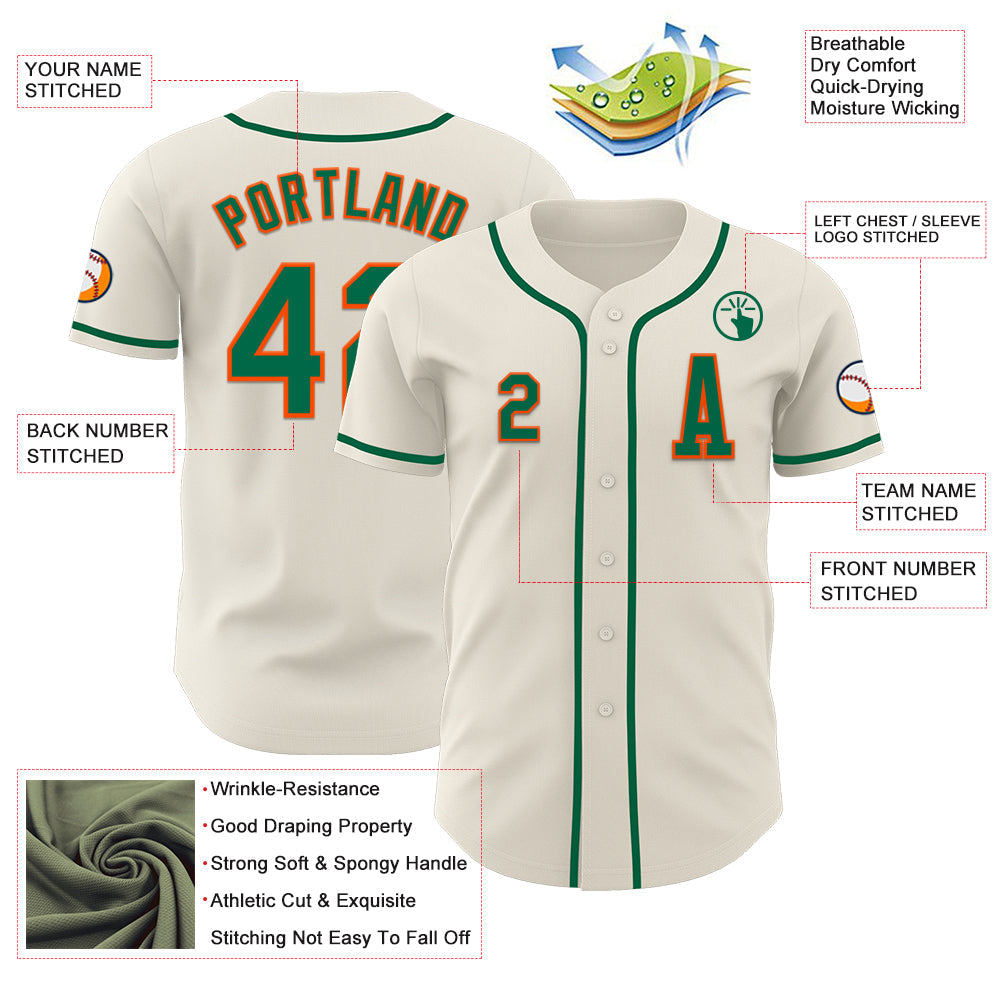 Custom Cream Kelly Green-Orange Authentic Baseball Jersey view 2