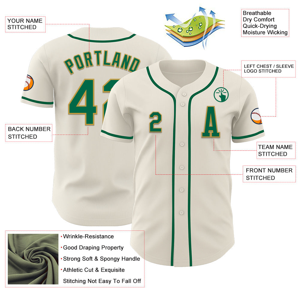 Custom Cream Kelly Green-Old Gold Authentic Baseball Jersey view 2