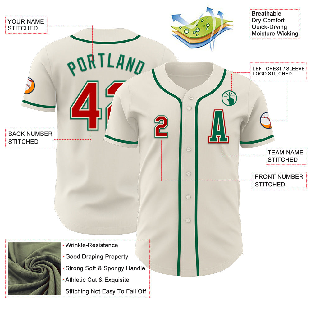 Custom Cream Red-Kelly Green Authentic Baseball Jersey view 2