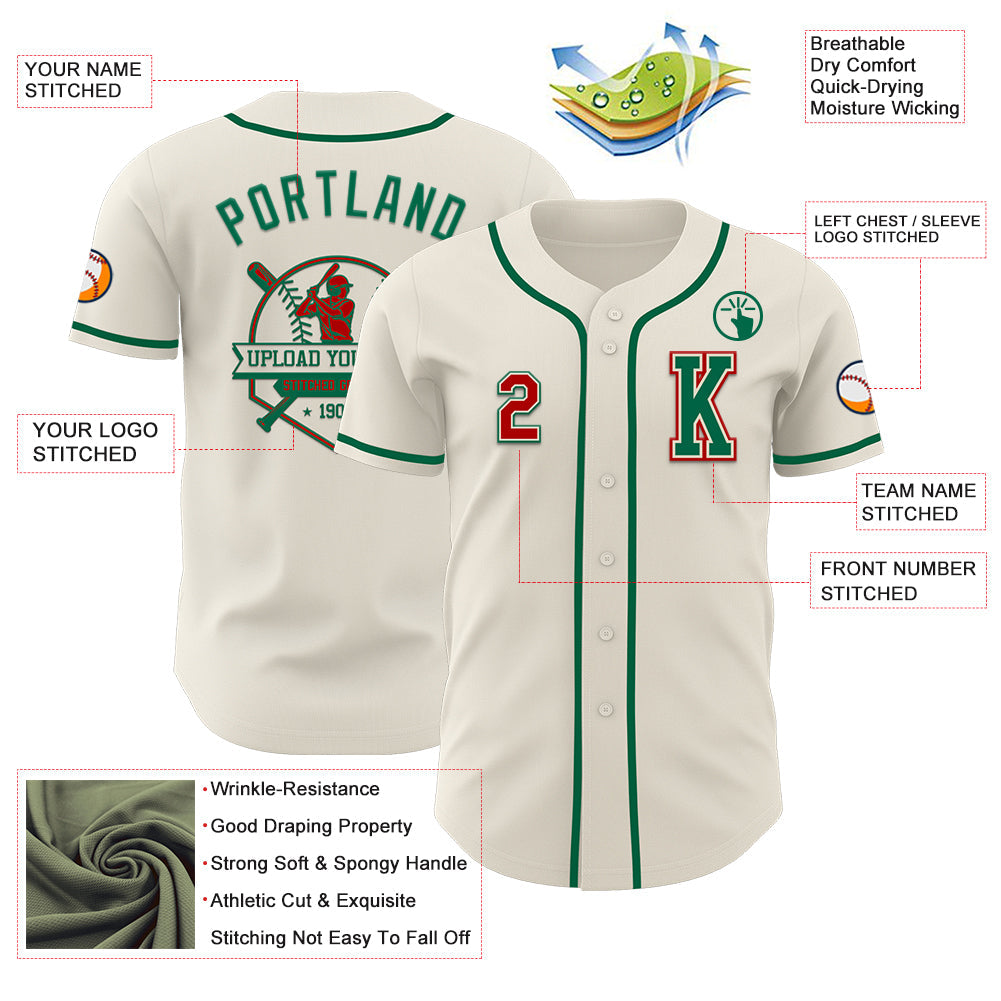 Custom Cream Red-Kelly Green Authentic Baseball Jersey view 6