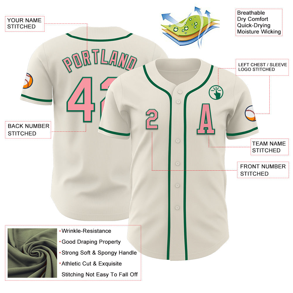 Custom Cream Medium Pink-Kelly Green Authentic Baseball Jersey view 2