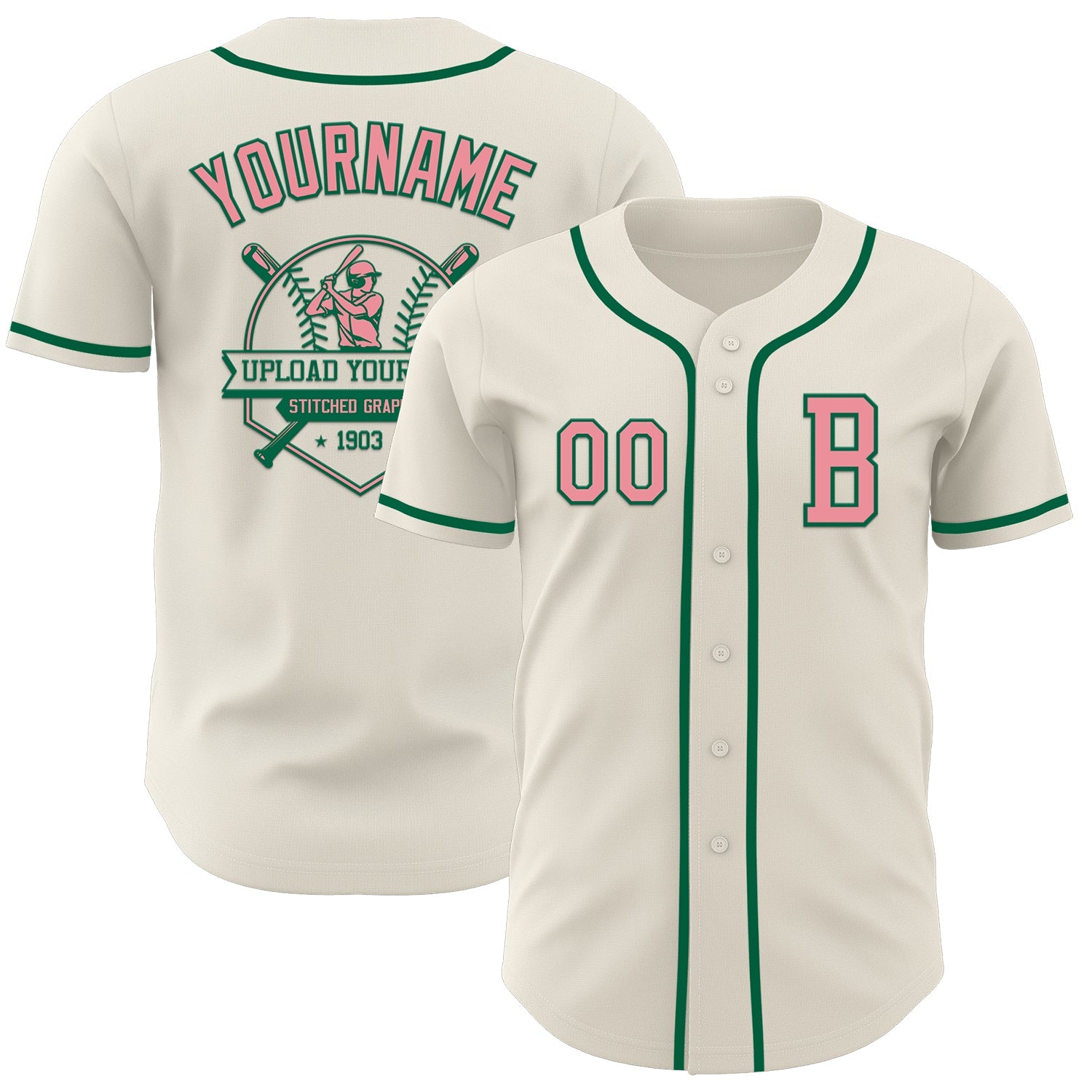 Custom Cream Medium Pink-Kelly Green Authentic Baseball Jersey view 5