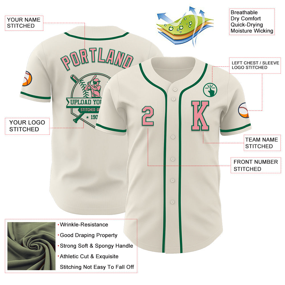 Custom Cream Medium Pink-Kelly Green Authentic Baseball Jersey view 6