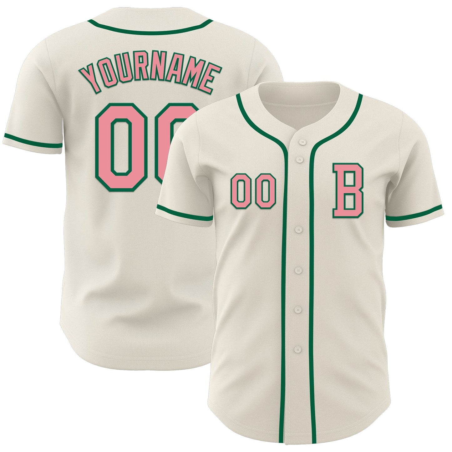 Custom Cream Medium Pink-Kelly Green Authentic Baseball Jersey - Main View