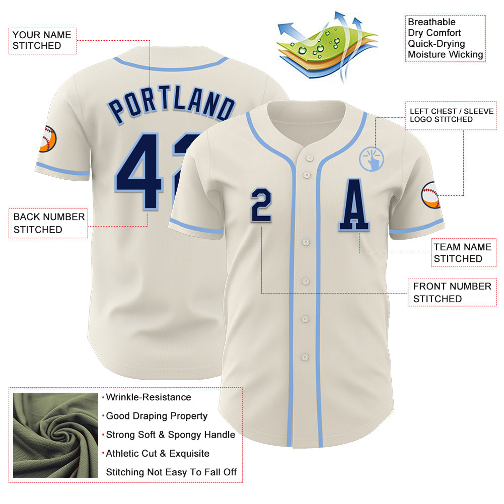 Custom Cream Navy-Light Blue Authentic Baseball Jersey view 2