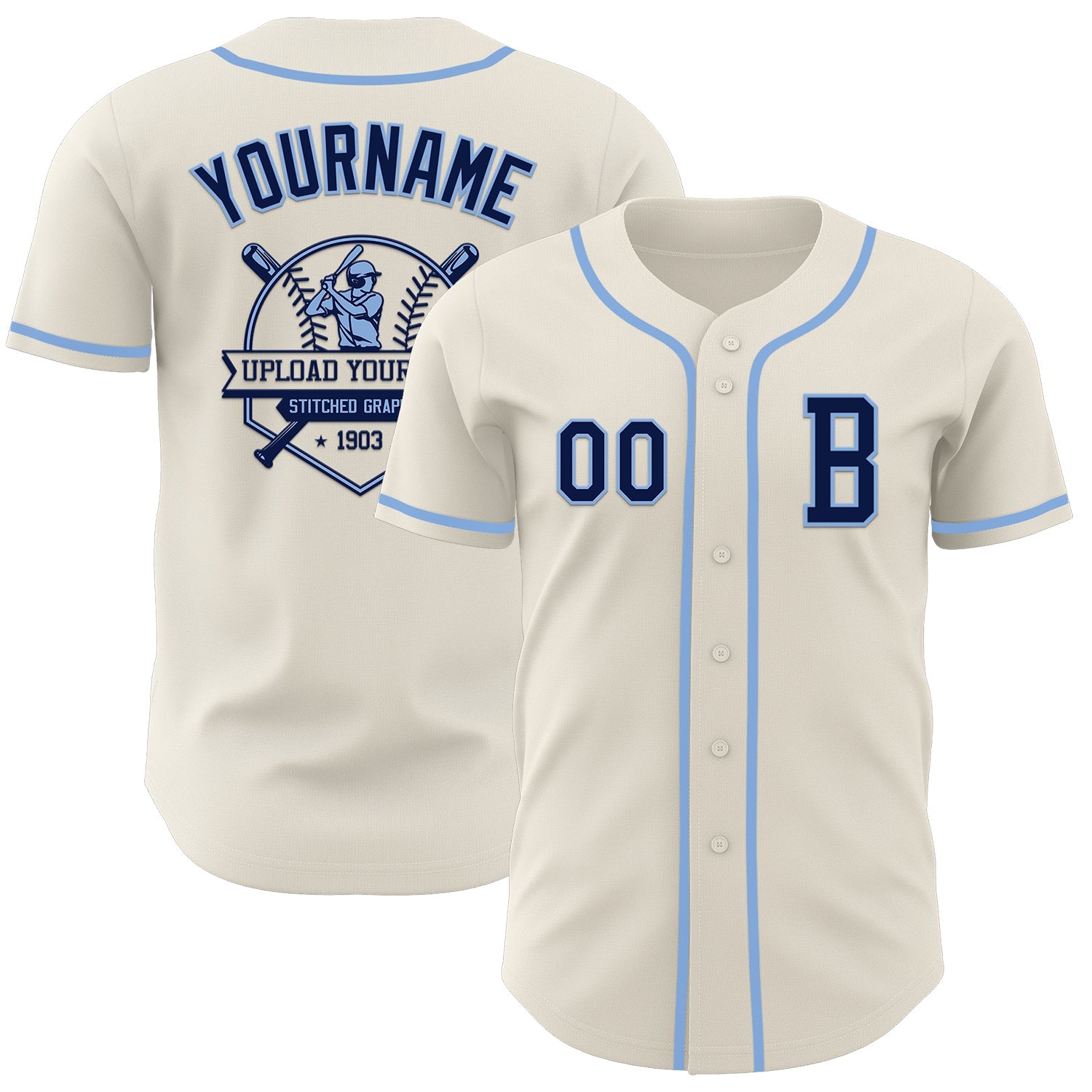 Custom Cream Navy-Light Blue Authentic Baseball Jersey view 5