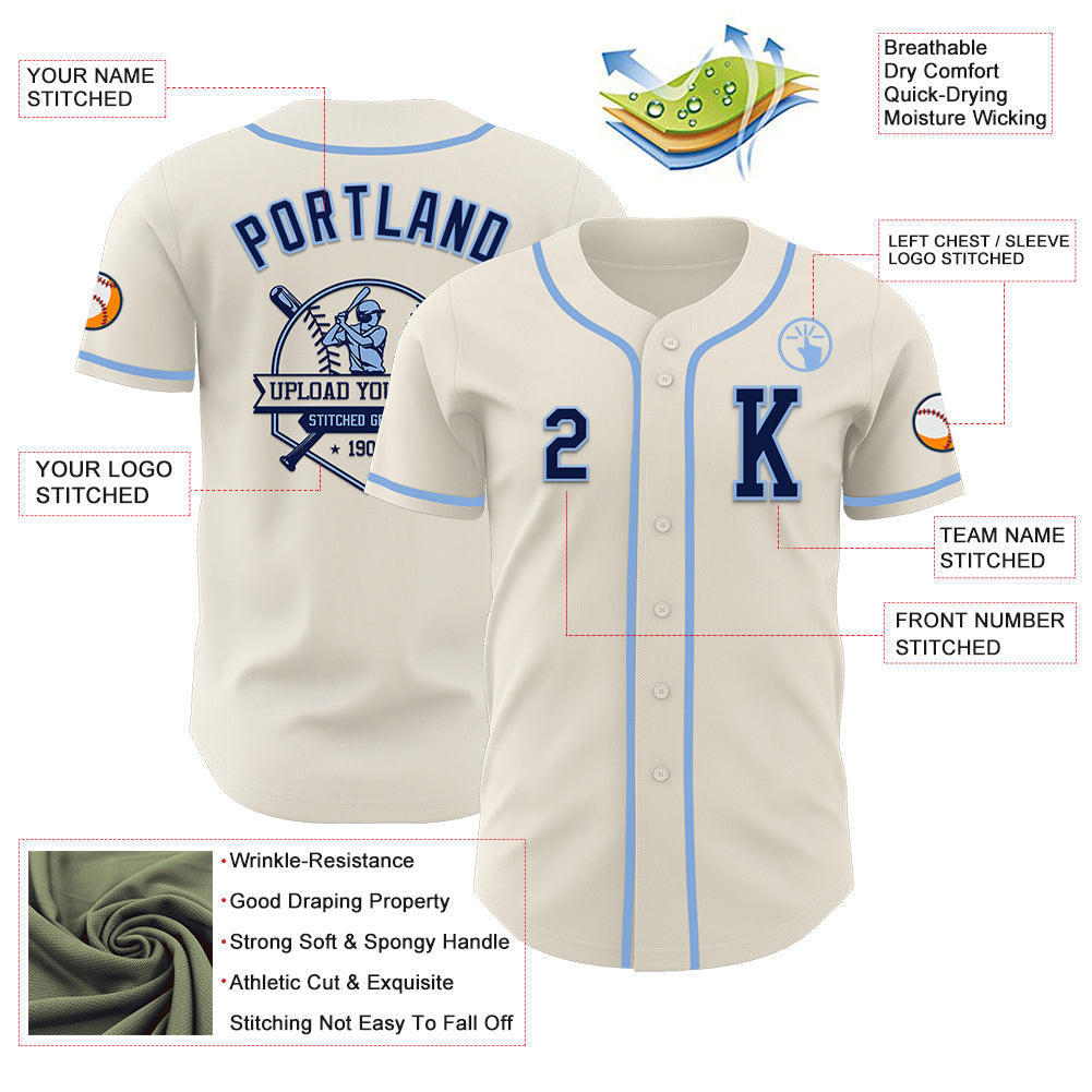 Custom Cream Navy-Light Blue Authentic Baseball Jersey view 6
