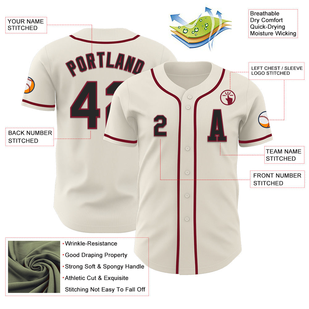 Custom Cream Black-Crimson Authentic Baseball Jersey view 2