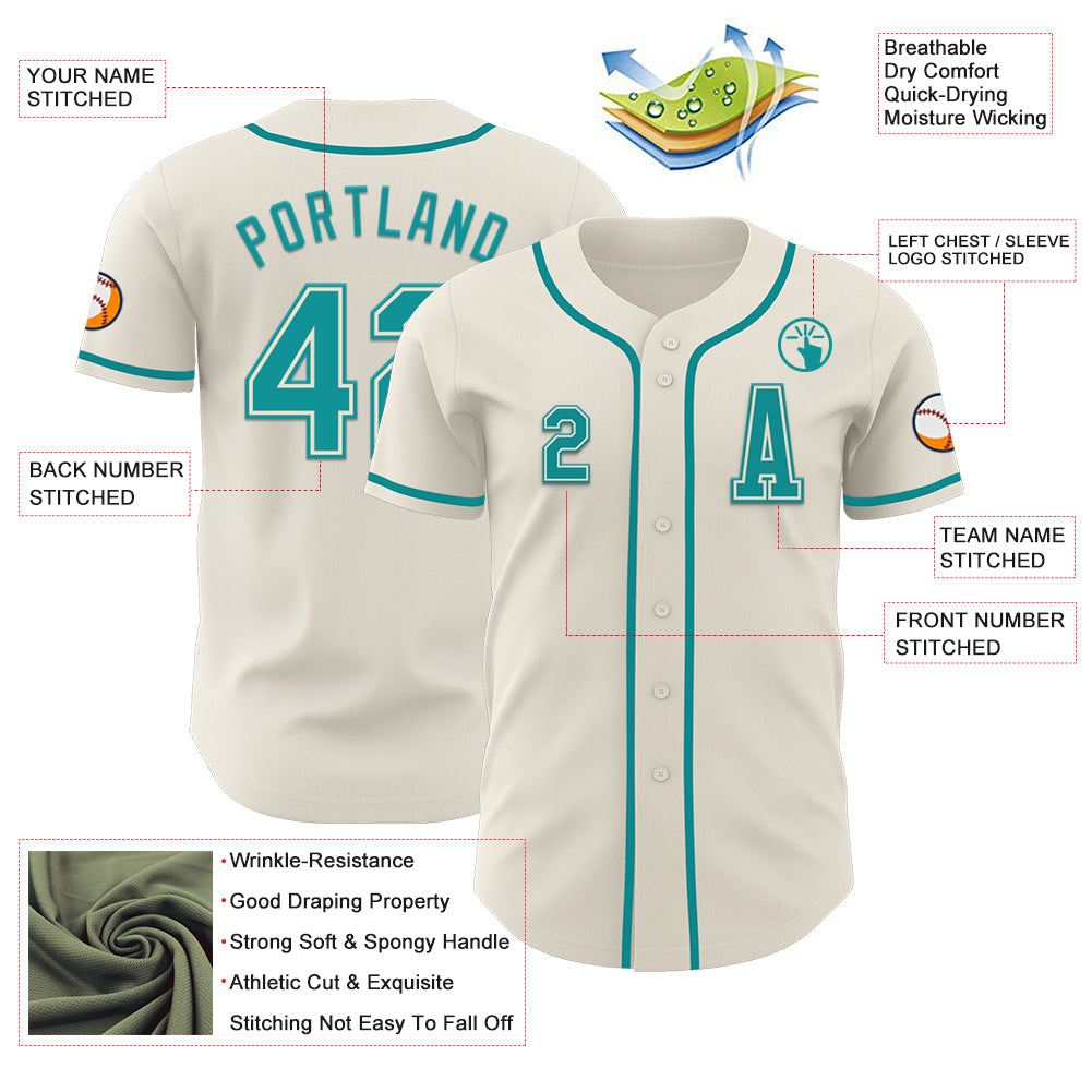 Custom Cream Teal Authentic Baseball Jersey view 2