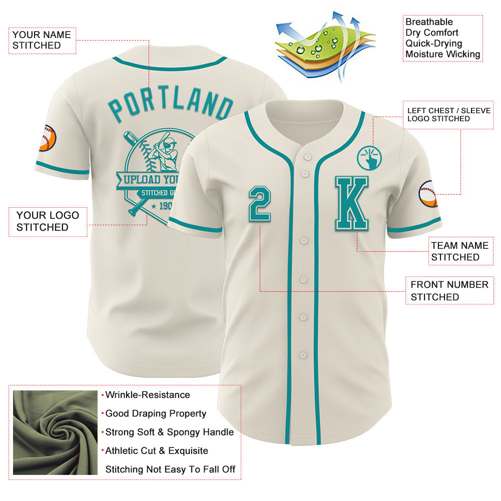 Custom Cream Teal Authentic Baseball Jersey view 6