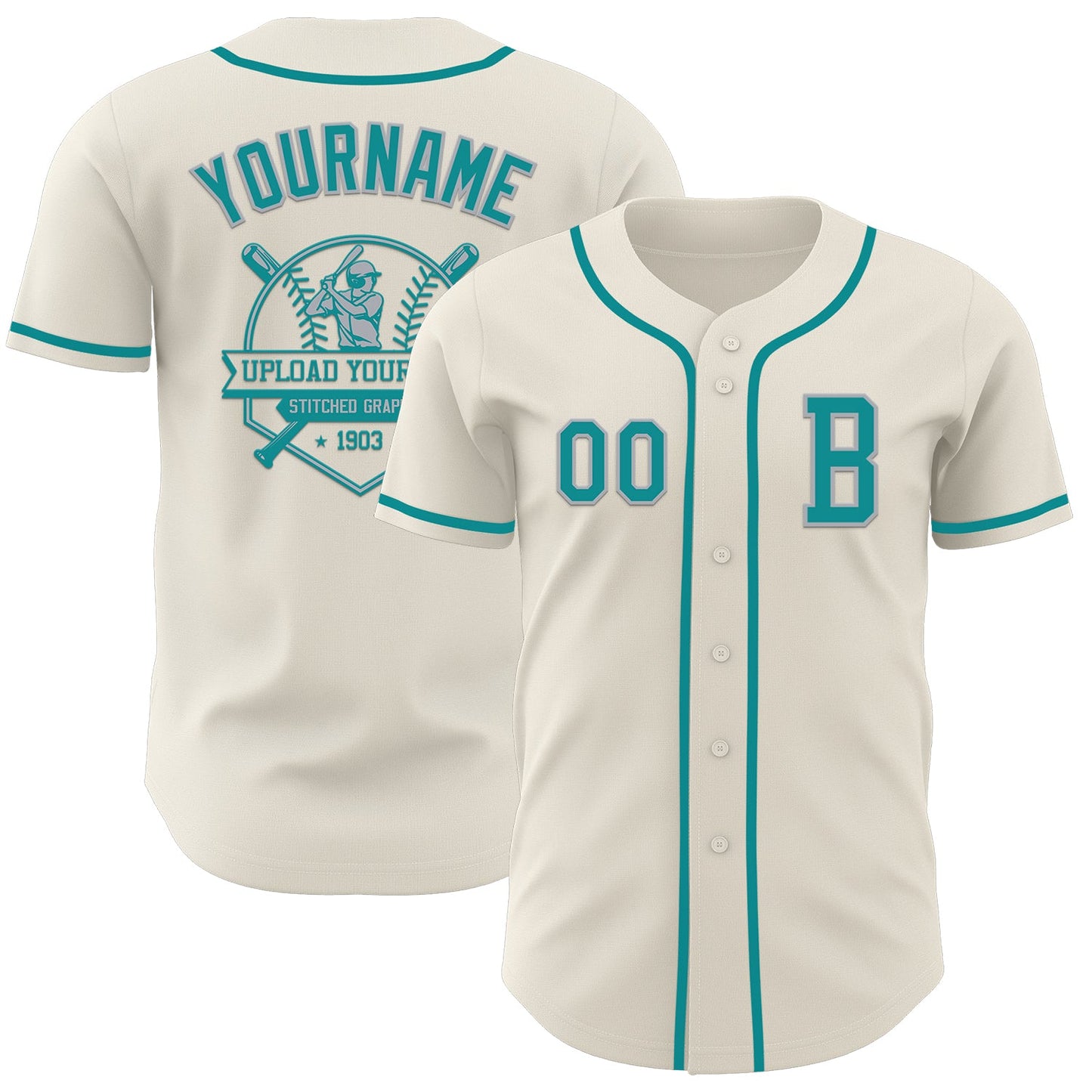 Custom Cream Teal-Gray Authentic Baseball Jersey view 5