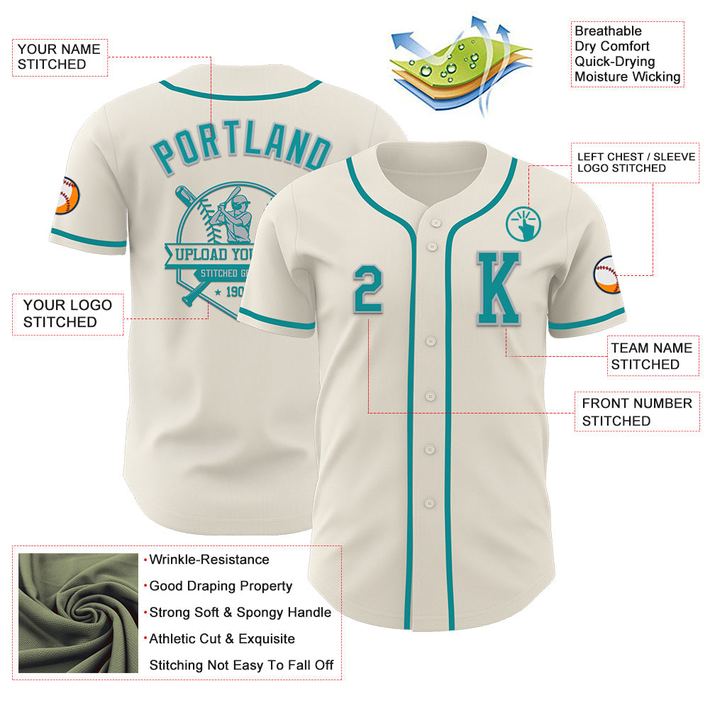 Custom Cream Teal-Gray Authentic Baseball Jersey view 6