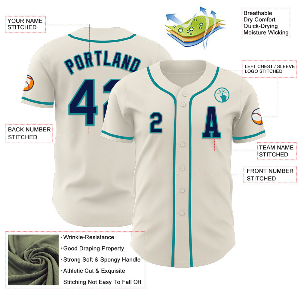 Custom Cream Navy-Teal Authentic Baseball Jersey view 2