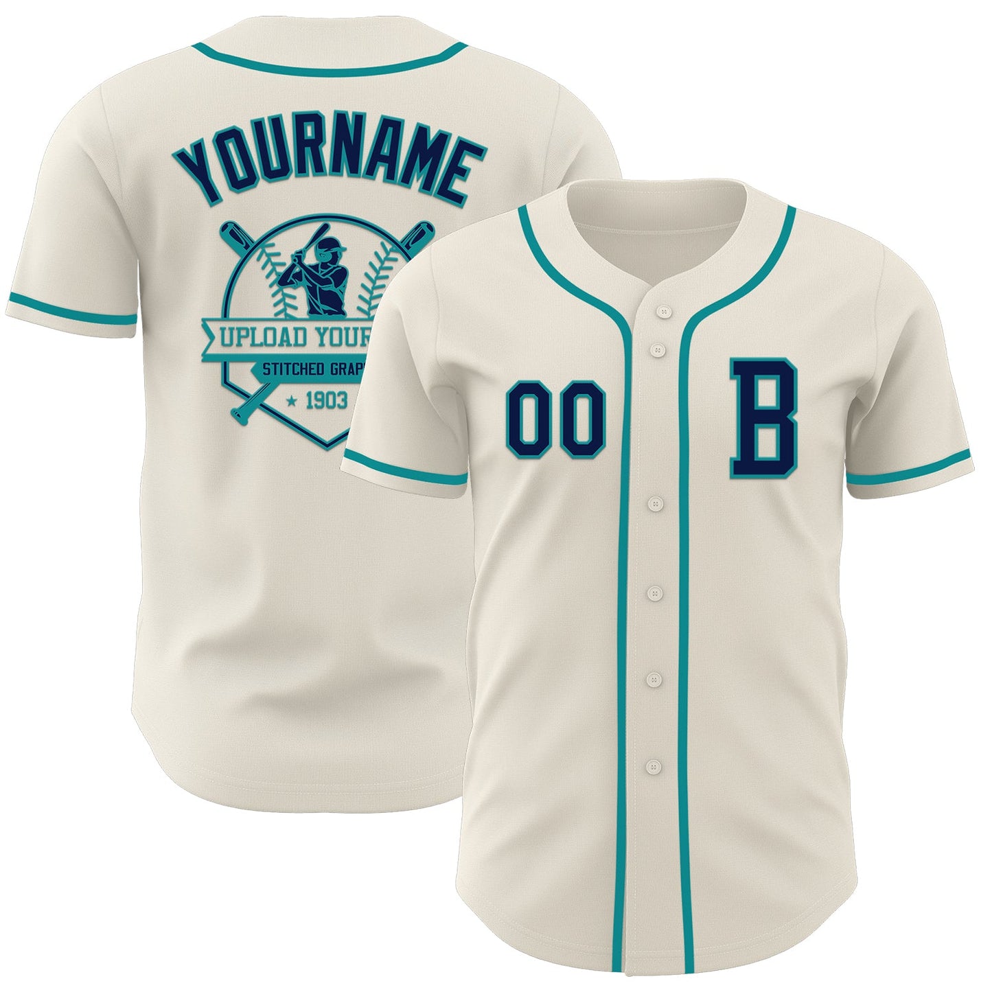 Custom Cream Navy-Teal Authentic Baseball Jersey view 5