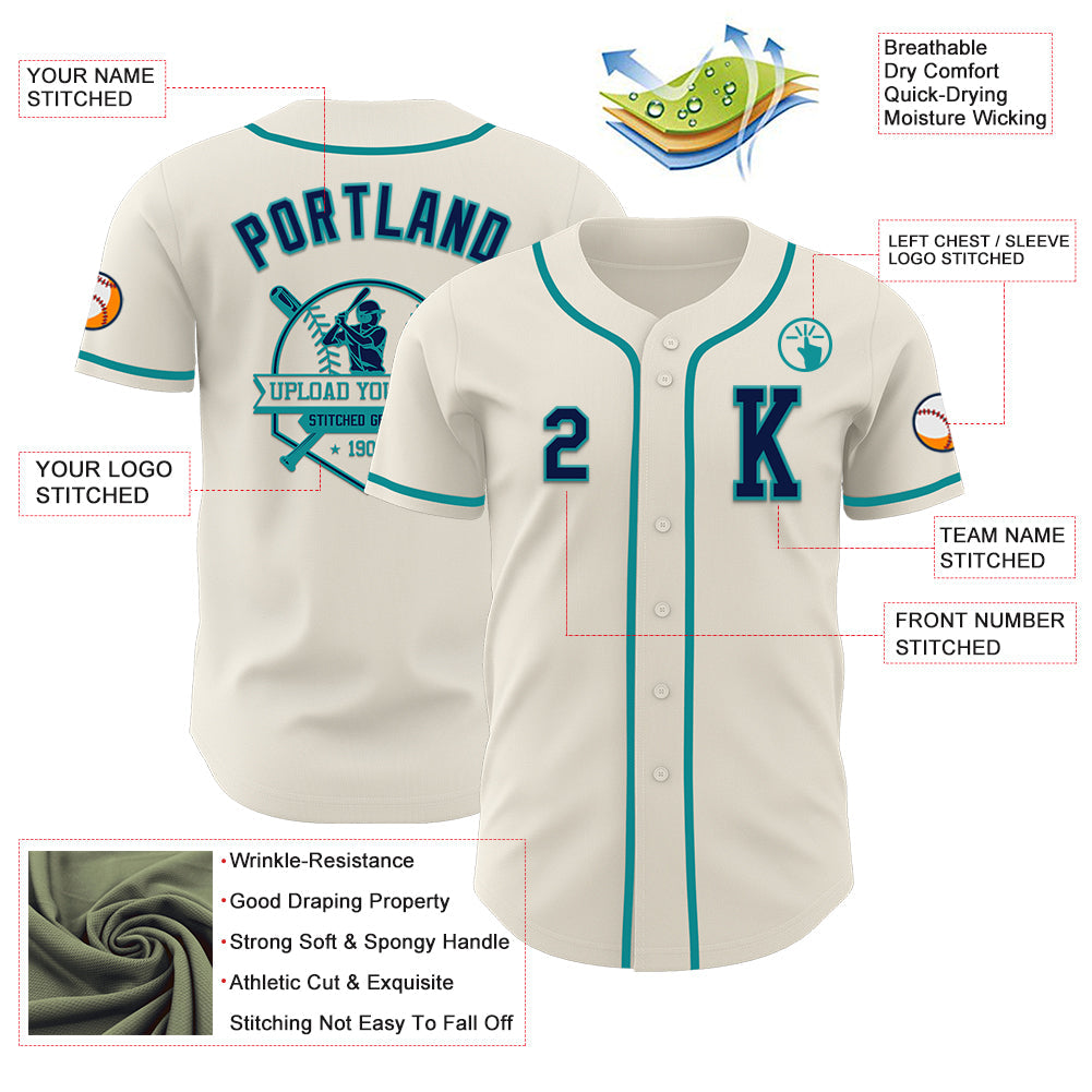 Custom Cream Navy-Teal Authentic Baseball Jersey view 6