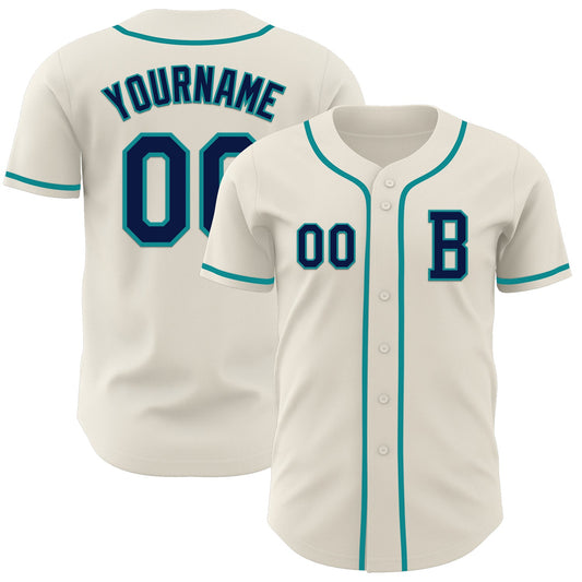 Custom Cream Navy-Teal Authentic Baseball Jersey - Main View