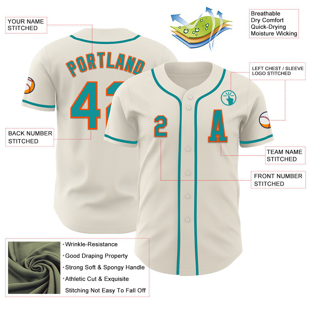 Custom Cream Teal-Orange Authentic Baseball Jersey view 2