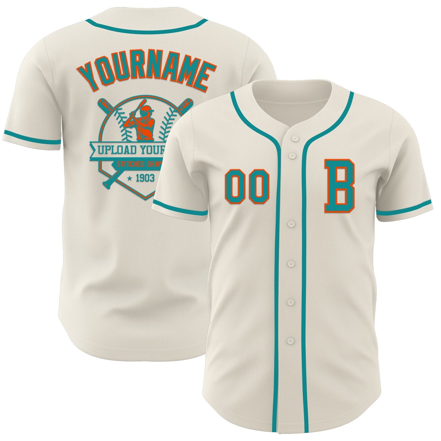 Custom Cream Teal-Orange Authentic Baseball Jersey view 5